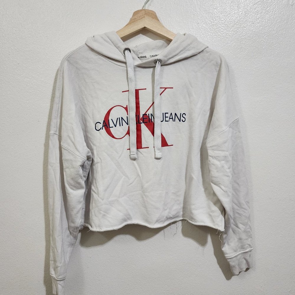 Calvin Klein Jeans White Hooded Sweater Cropped Women's Size Medium
